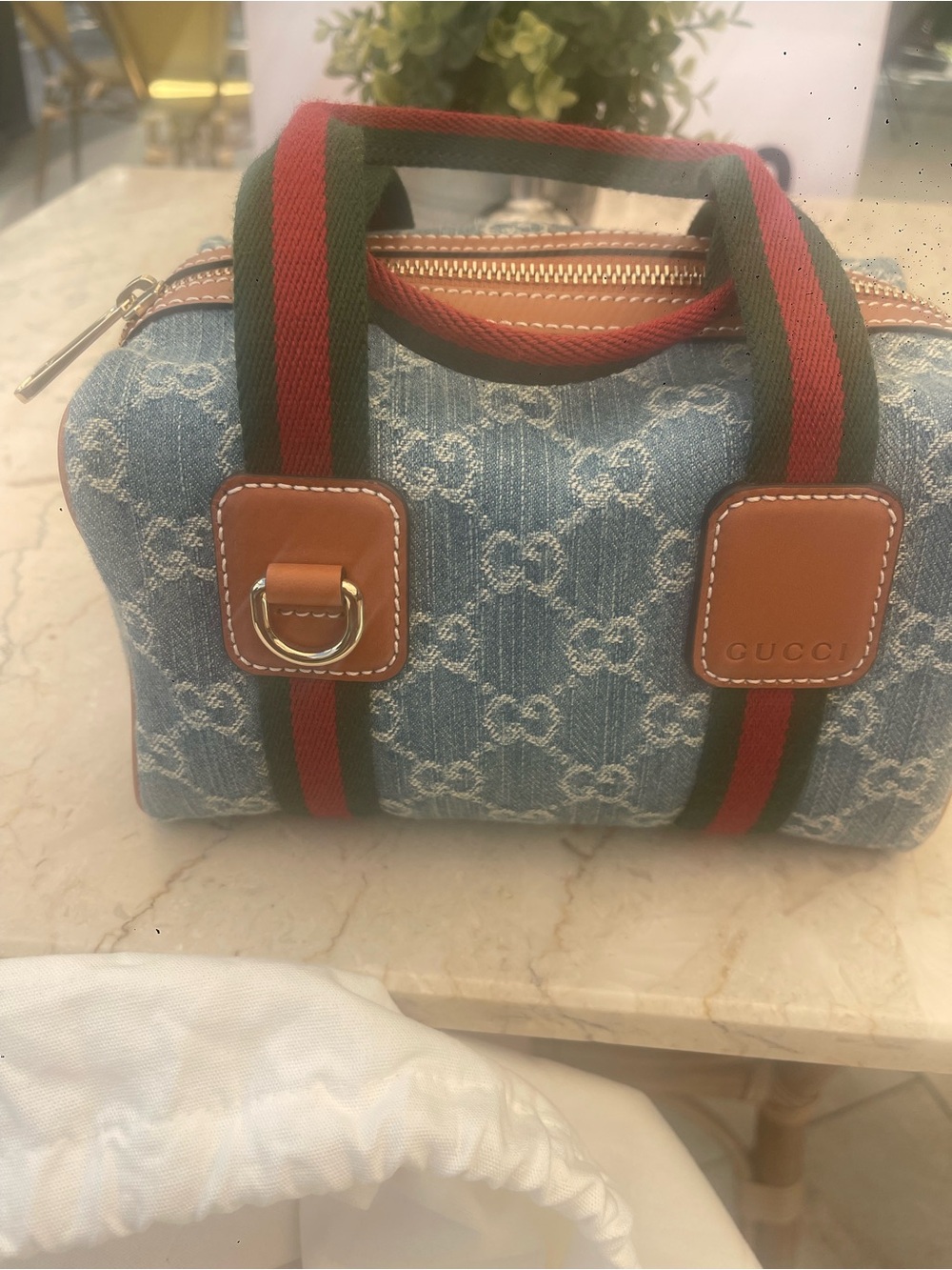 NWT Gucci Denim GG Small Boston Top Handle Crossbody Bag Web Stripe